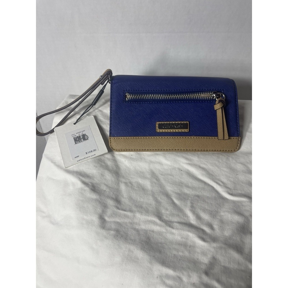 CALVIN KLEIN Blue And Tab Leather PATENT ZIP AROUND WALLET New Wtags